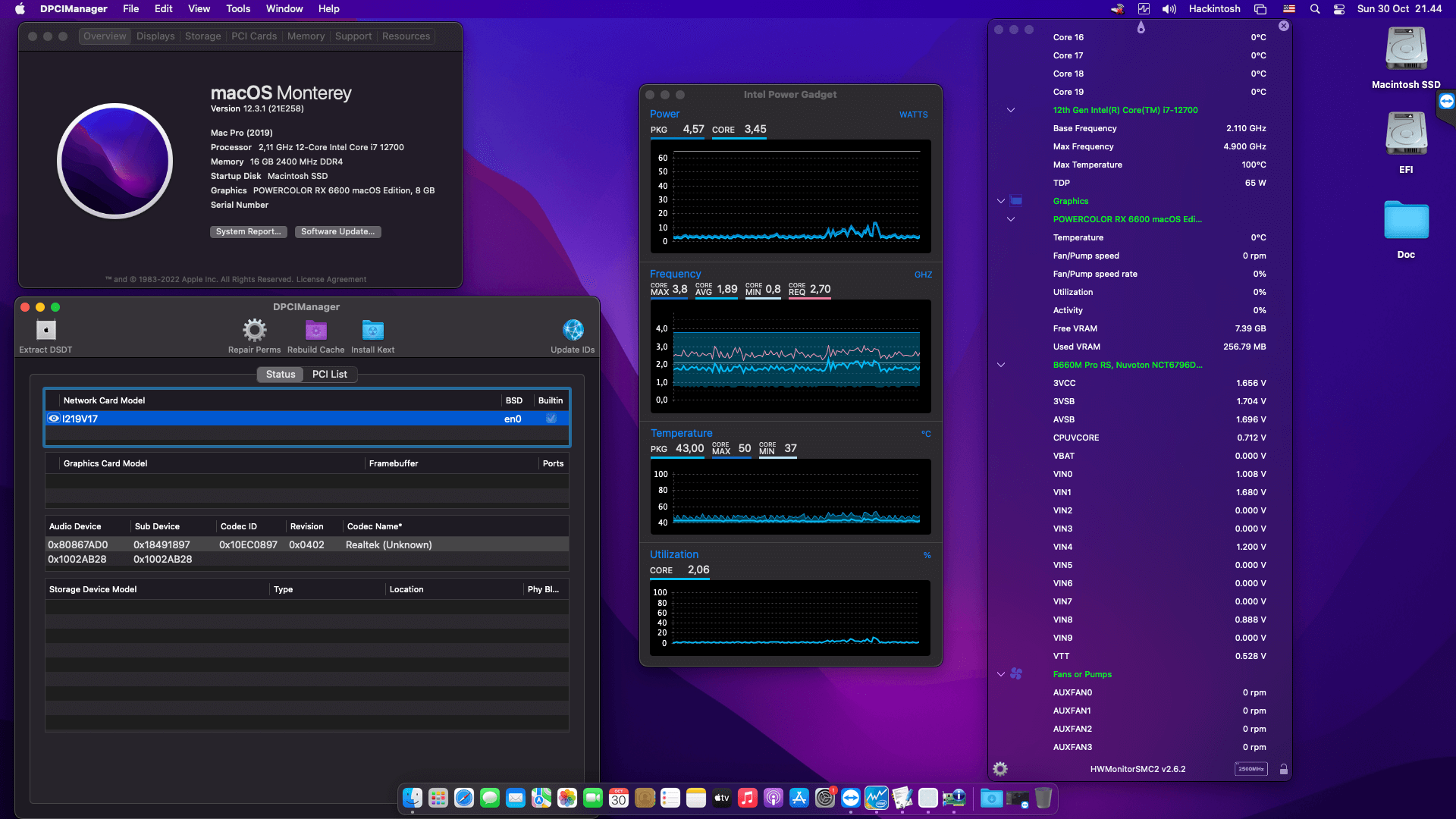 Success Hackintosh macOS Monterey 12.3.1 Build 21E258 in Asrock B660M PRO RS + Intel Core i7 12700 + Power Color RX 6600